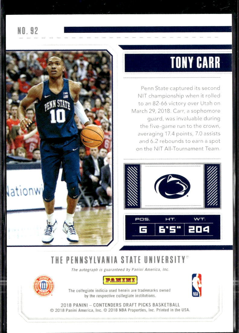 Tony Carr 2018 Contenders Draft Auto Autograph RC Penn State Nittany Lions