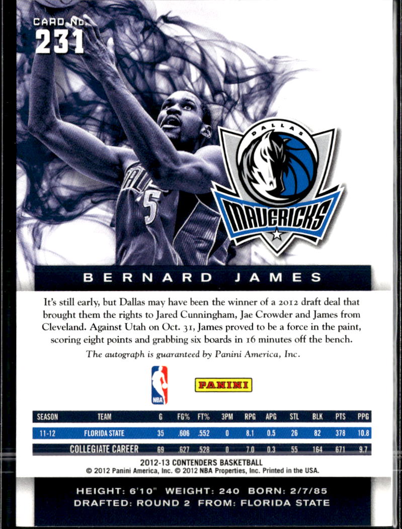 Bernard James 2012 Panini Contenders Auto Autograph Dallas Mavericks