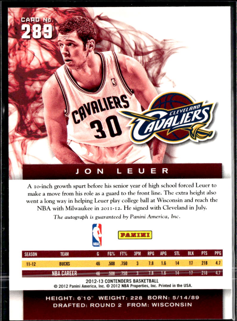 Jon Leuer 2012 Panini Contenders Auto Autograph Cleveland Cavaliers