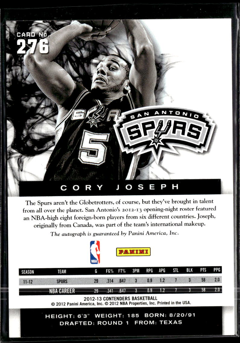 Cory Joseph 2012 Panini Contenders Auto Autograph  San Antonio Spurs