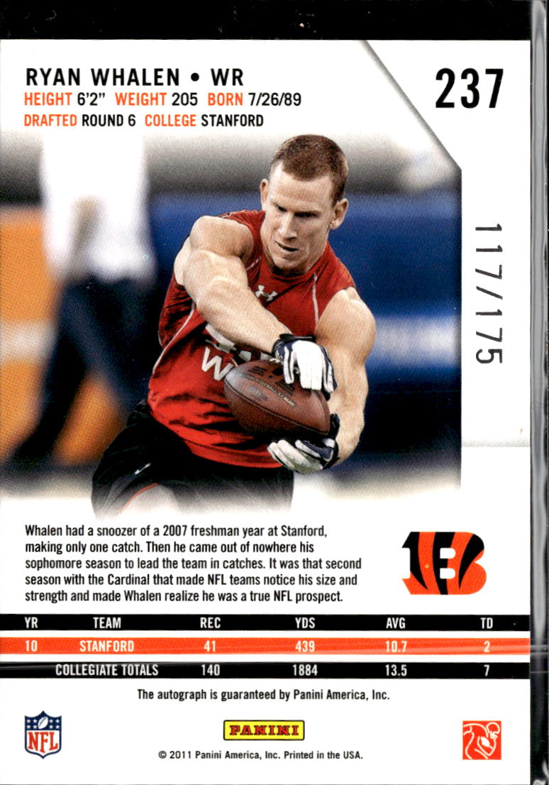 Ryan Whalen 2011 Rookies & Stars Auto Autograph RC /175 Cincinnati Bengals