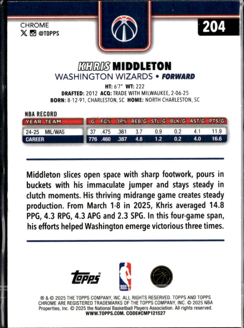 Khris Middleton 2025 Topps Chrome Yellow /275 Washington Wizards