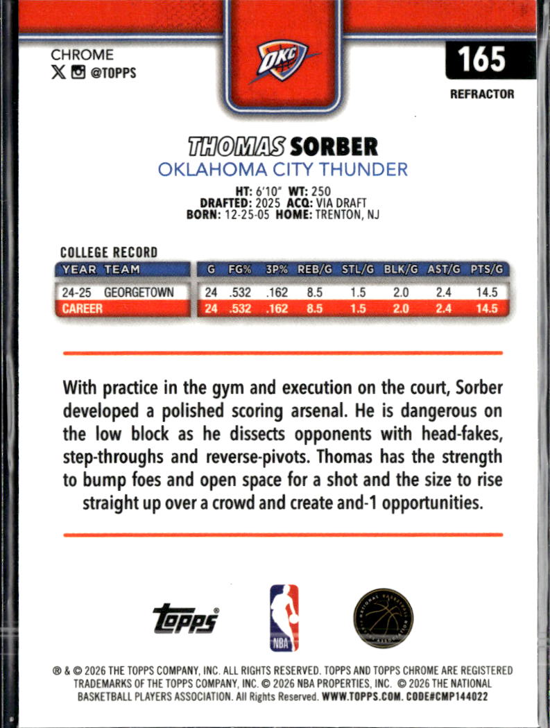 Thomas Sorber 2026 Topps Chrome RC Refractor Oklahoma City Thunder