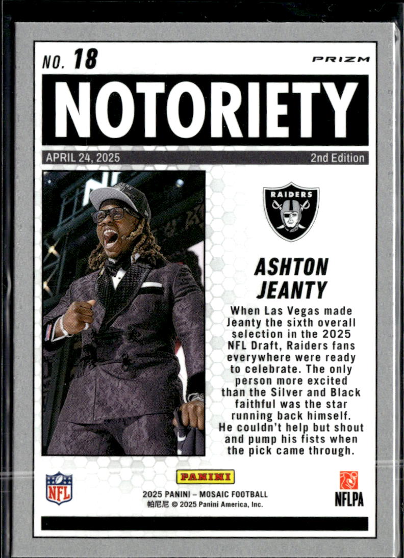 Ashton Jeanty 2025 Mosaic Notoriety Rookie Green Las Vegas Raiders