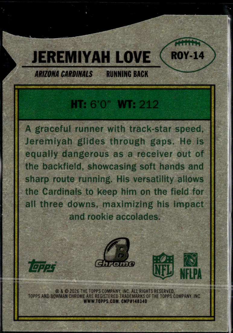 Jeremiyah Love 2026 Bowman Chrome Rookie of the Year RC Arizona Cardinals
