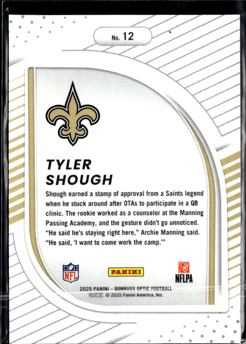 Tyler Shough 2025 Optic Potential Rookie RC New Orleans Saints
