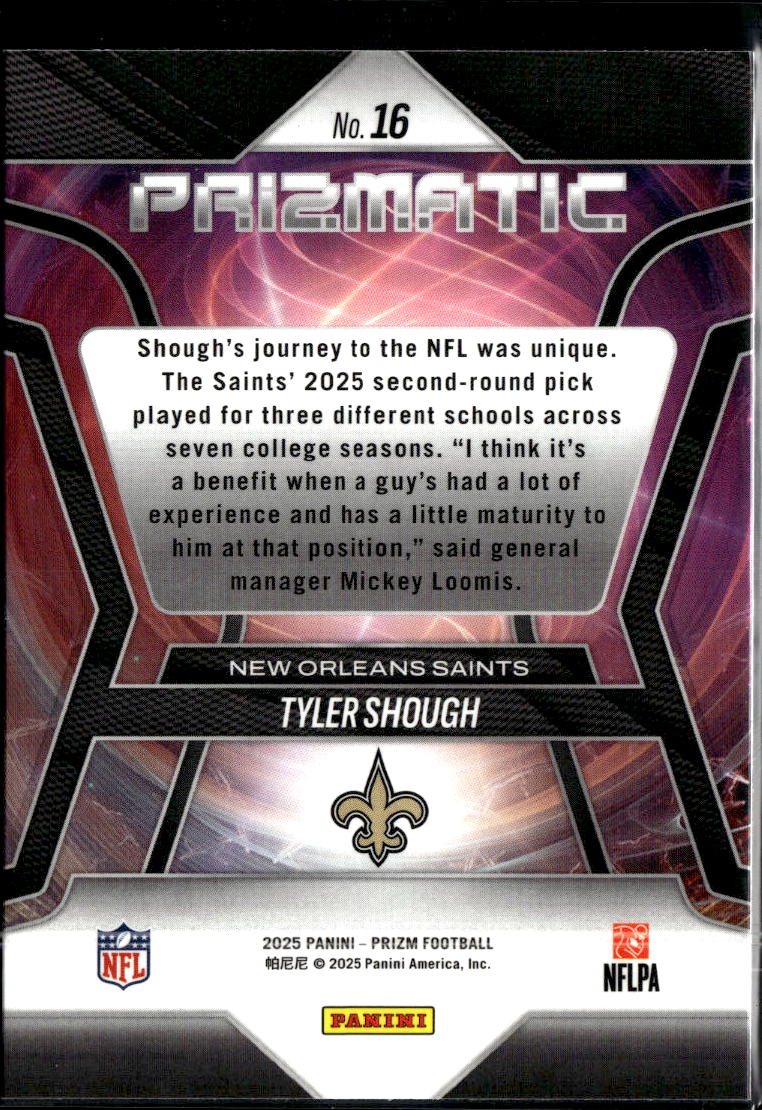 Tyler Shough 2025 Panini Prizm Prizmatic Rookie RC New Orleans Saints