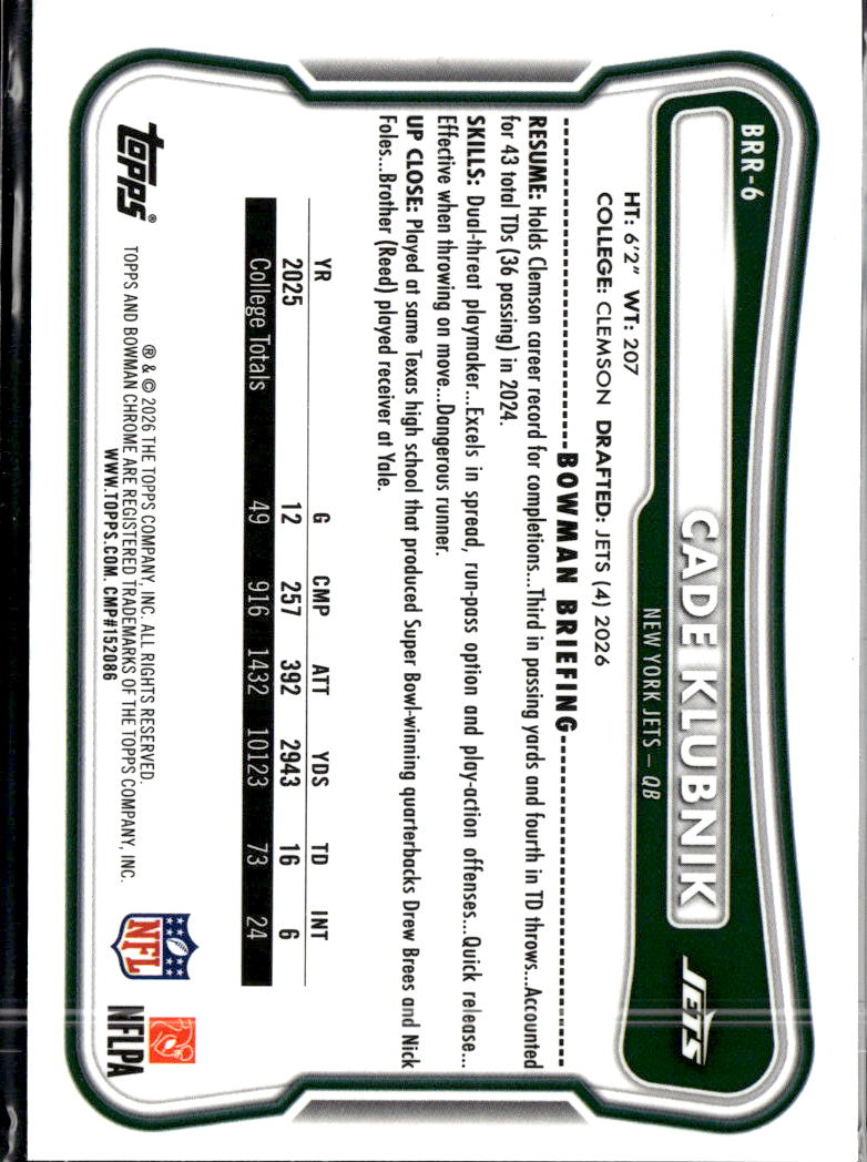 Cade Klubnik 2026 Bowman Chrome RED Rookie RC New York Jets
