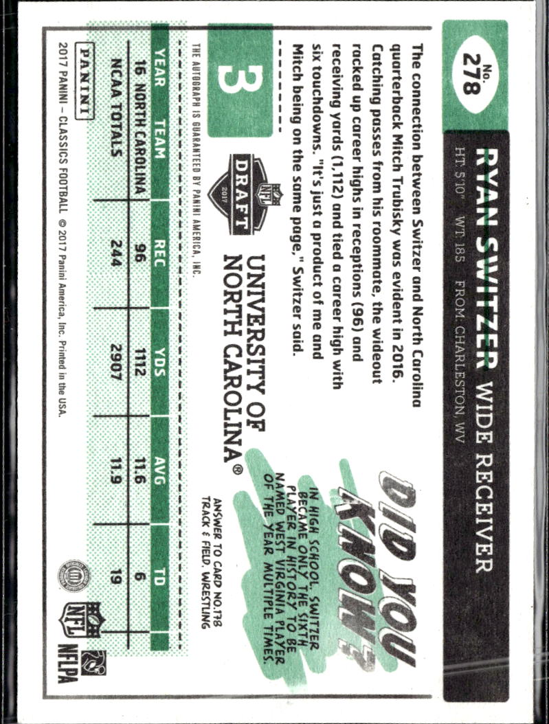 Ryan Switzer 2017 Classics Auto Autograph RC 1/25 North Carolina