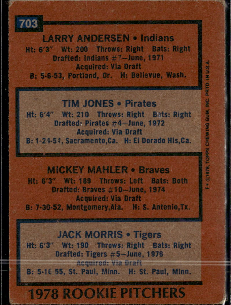 Jack Morris Larry Andersen Mickey Mahler Tim Jones 1978 Topps #703