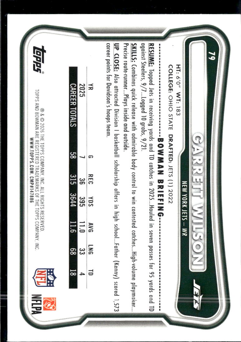 Garrett Wilson 2026 Bowman Purple /75 New York Jets