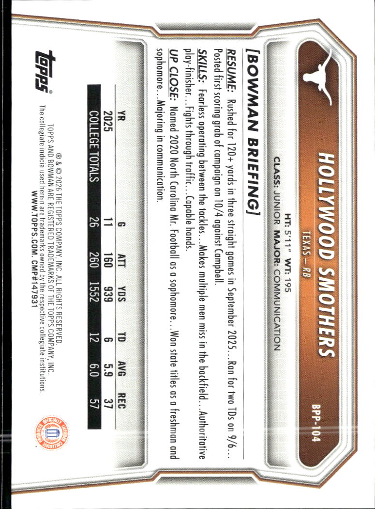 Hollywood Smothers 2026 Bowman 1st Yellow /275 Texas Longhorns