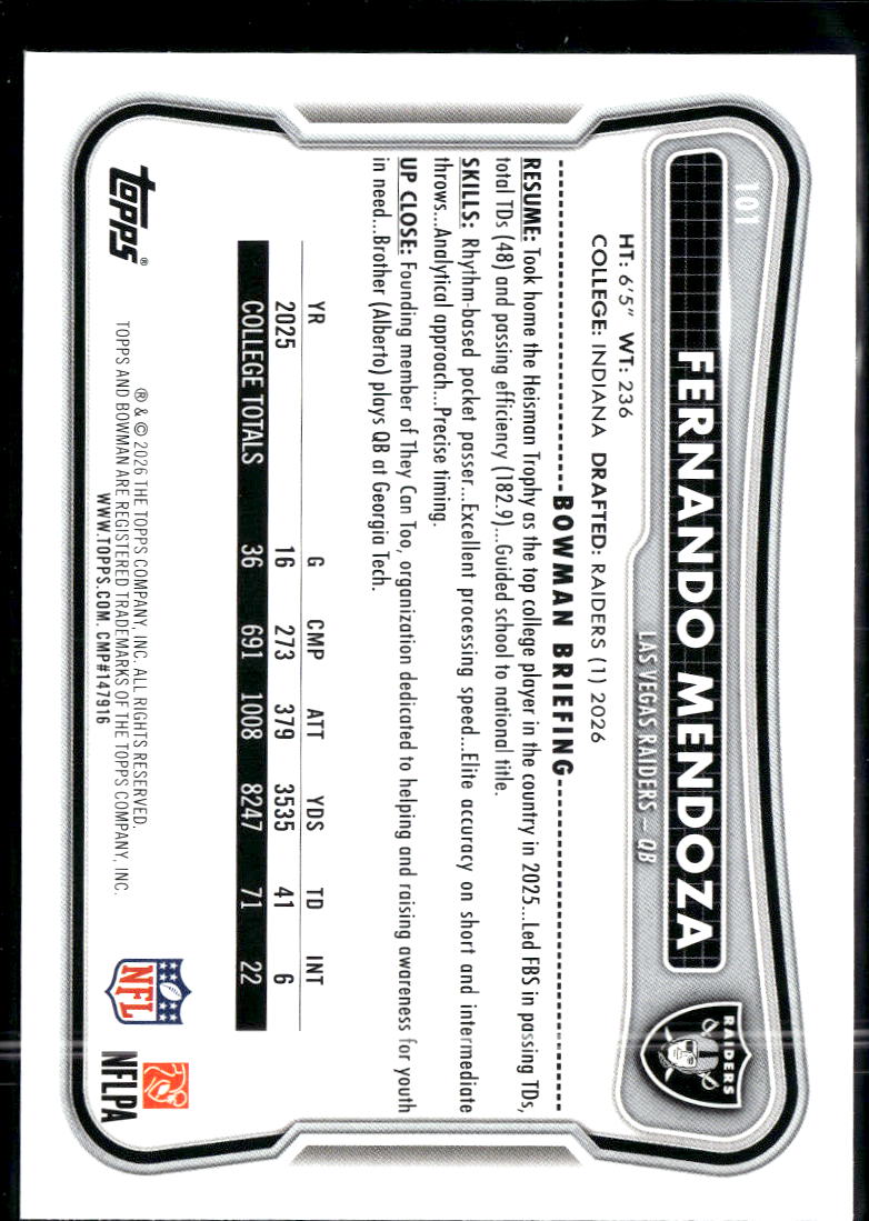 Fernando Mendoza 2026 Bowman Rookie RC Las Vegas Raiders