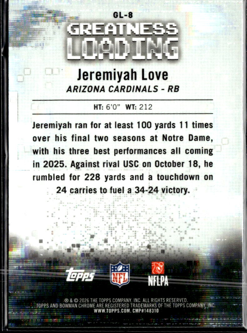 Jeremiyah Love 2026 Bowman Chrome RC Arizona Cardinals