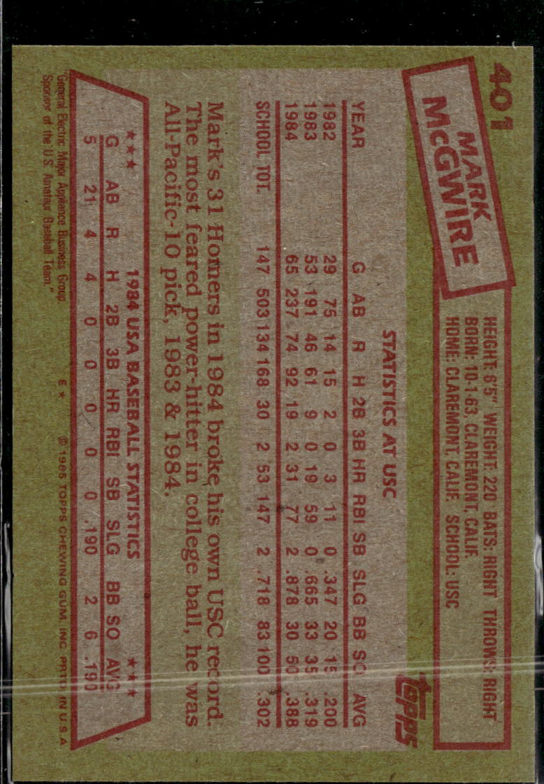 Mark McGwire 1985 Topps Rookie RC #401 USA Baseball