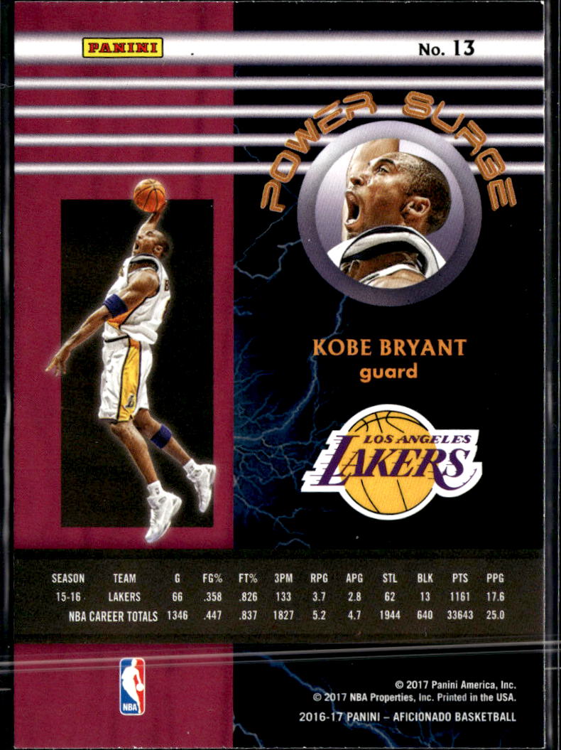 Kobe Bryant 2016-17 Aficionado Power Surge Artist's Proof Los Angeles Lakers