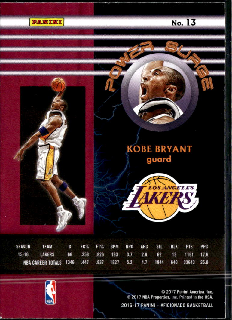 Kobe Bryant 2016 Panini Aficionado Power Surge Los Angeles Lakers