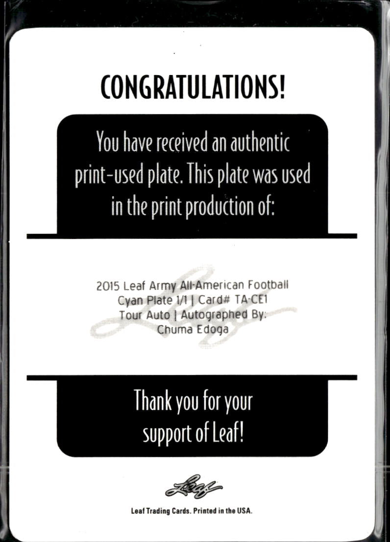 Chuma Edoga 2015 Leaf Army Auto Autograph Cyan Printing Plate USC 1/1