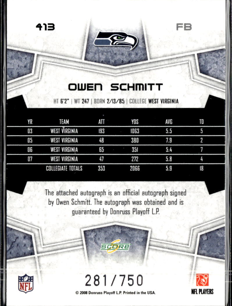 Owen Schmitt 2008 Score Select Auto Autograph RC /750 Seattle Seahawks