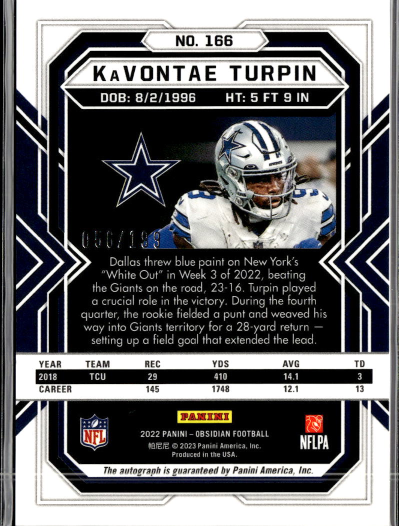 KaVontae Turpin 2022 Obsidian Auto Autograph RC Rookie 56/199 Dallas Cowboys