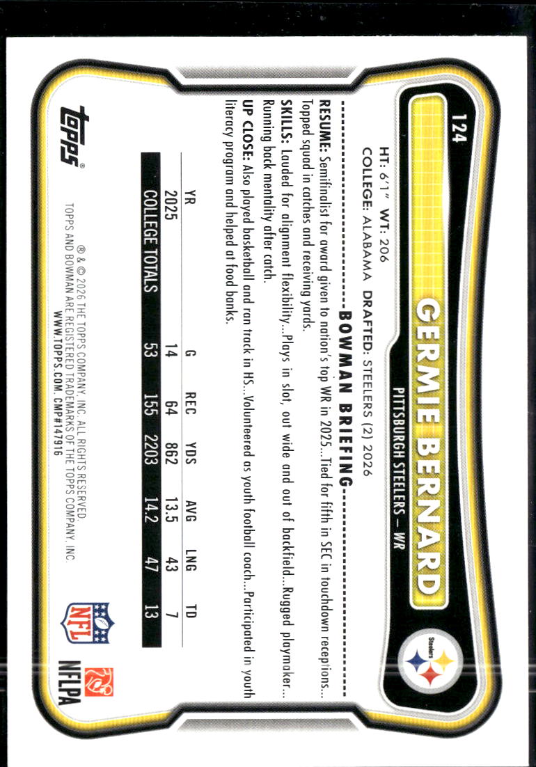 Germie Bernard 2026 Bowman RC Rookie Green /99 Pittsburgh Steelers