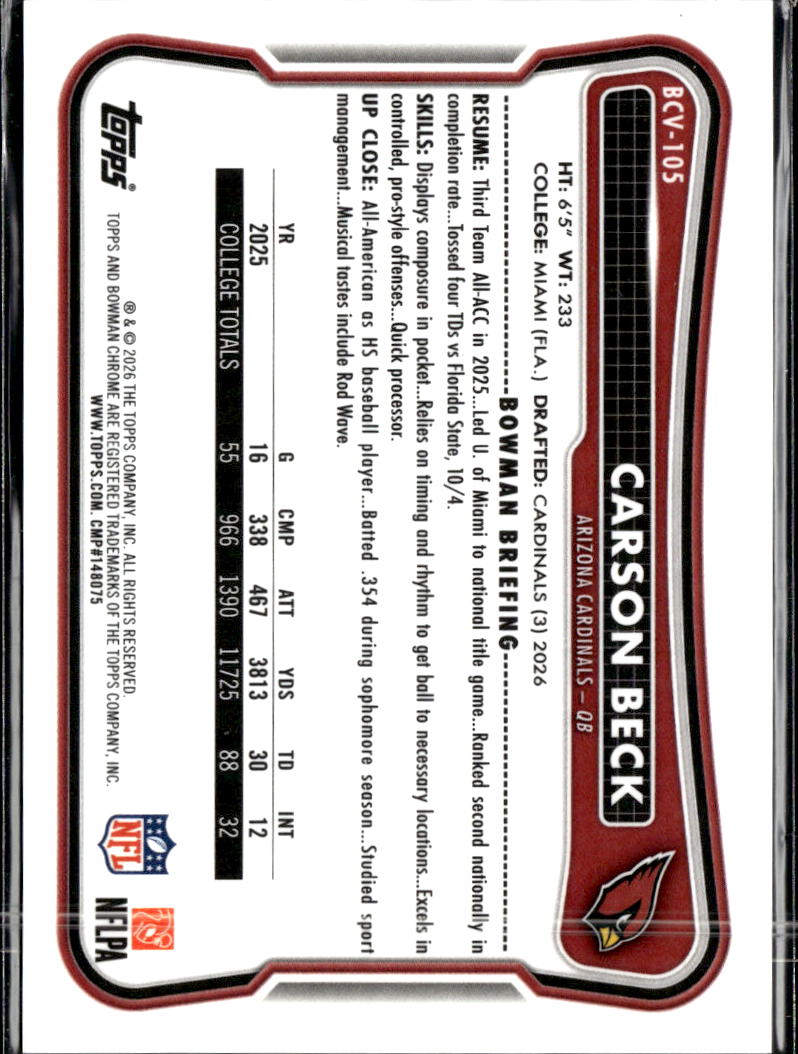 Carson Beck 2026 Bowman Chrome Blue Reptilian RC Rookie /150 Arizona Cardinals