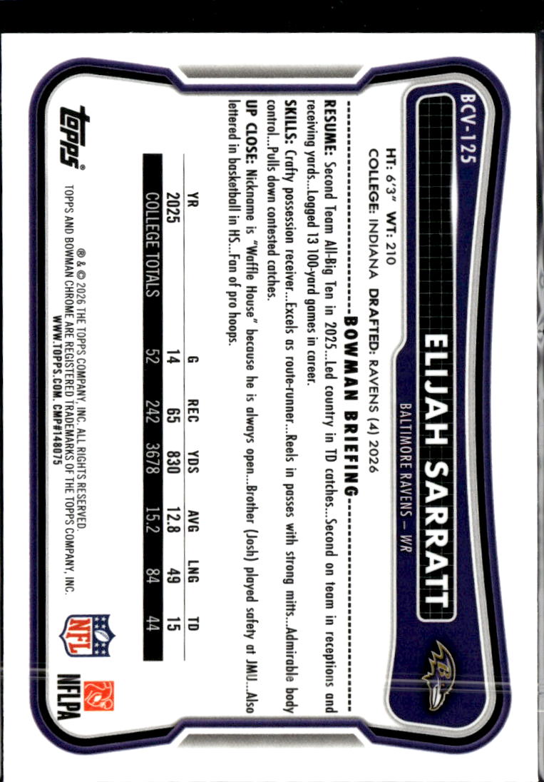 Elijah Sarratt 2026 Bowman Chrome Blue Rookie RC 113/150 Baltimore Ravens