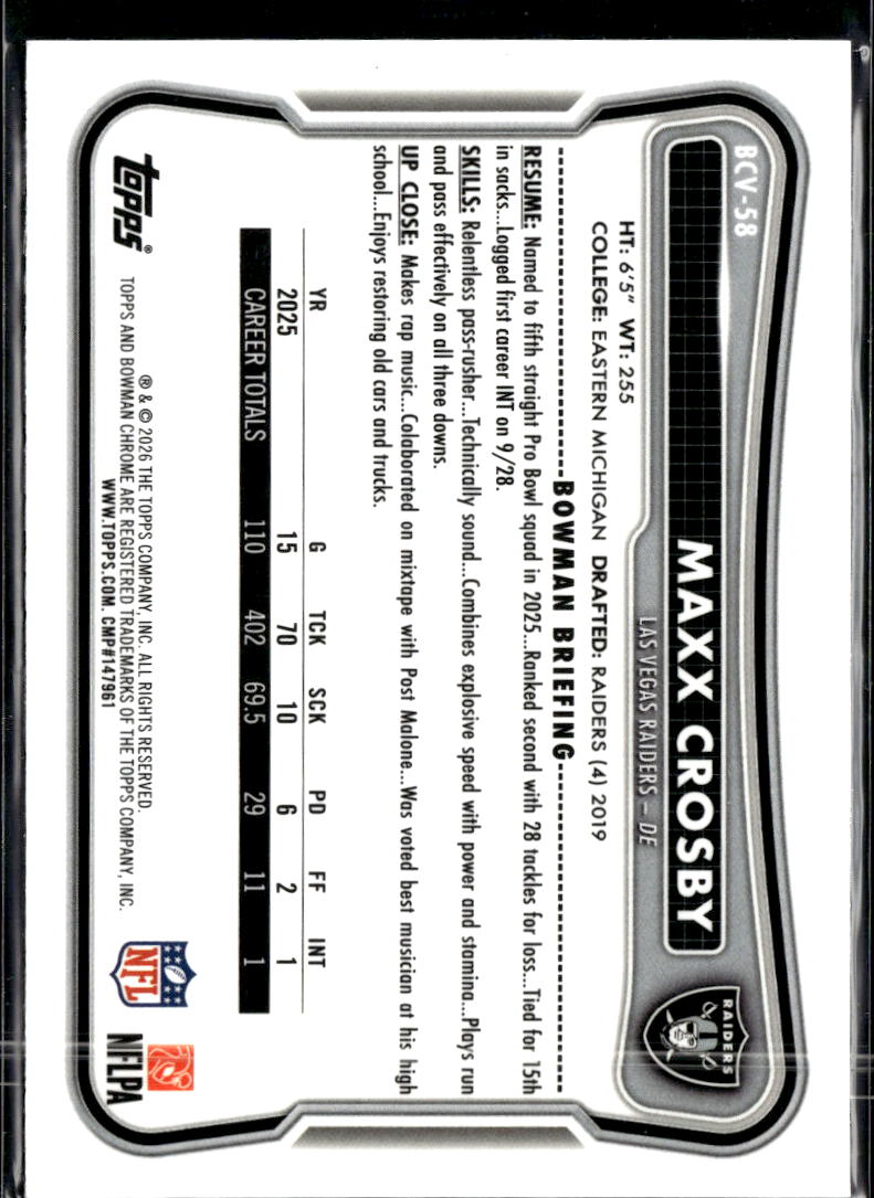 Maxx Crosby 2026 Bowman Chrome Blue Shimmer 99/150 JERSEY NUMBER Raiders