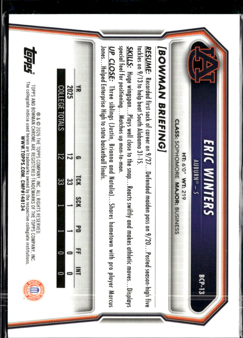 Eric Winters 2026 Bowman Chrome 1st Pink /299 Auburn Tigers