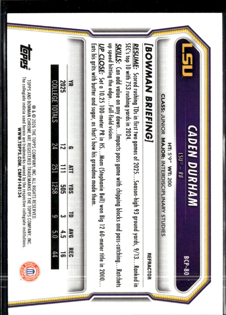 Caden Durham 2026 Bowman Chrome 1st Refractor /499 LSU Tigers