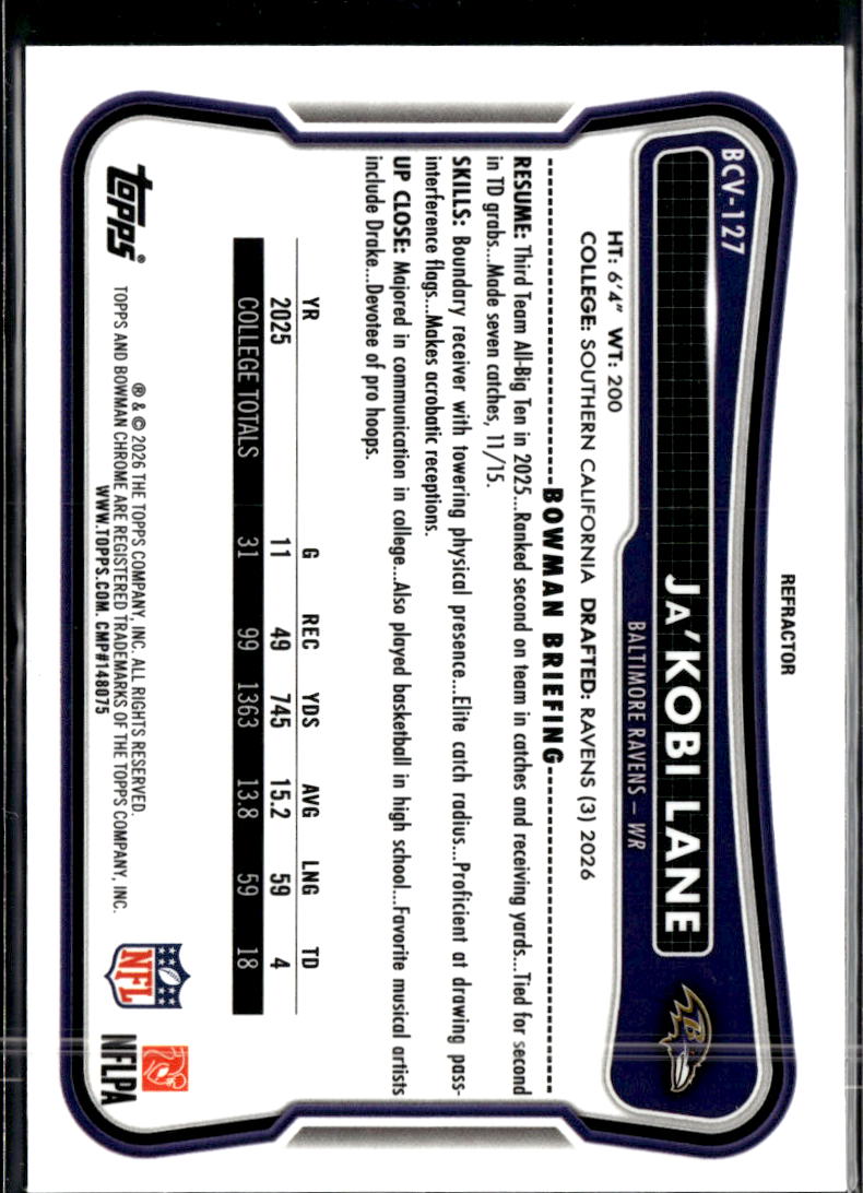 Ja'Kobi Lane 2026 Bowman Chrome RC Refractor /499 Baltimore Ravens