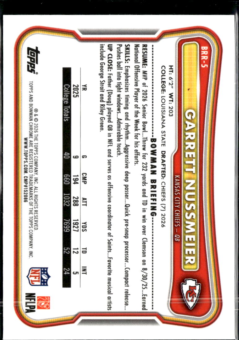 Garrett Nussmeier 2026 Bowman Chrome RED Rookie RC Kansas City Chiefs