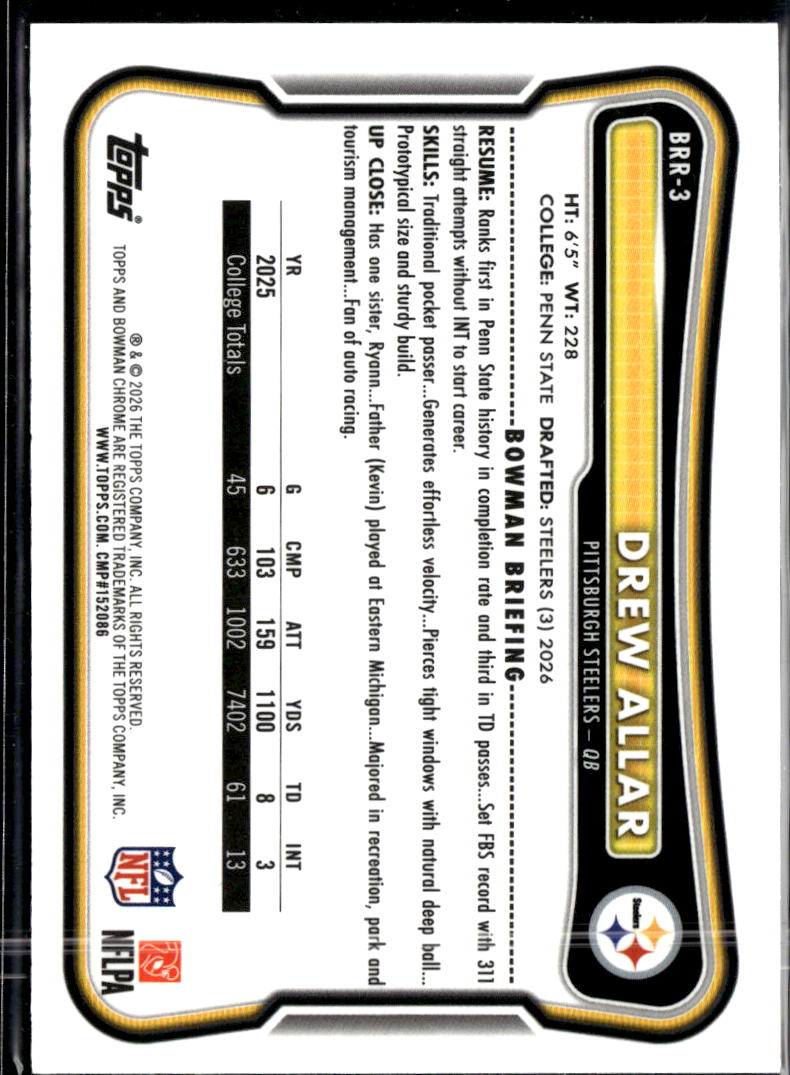 Drew Allar 2026 Bowman Chrome RC RED Rookie Pittsburgh Steelers