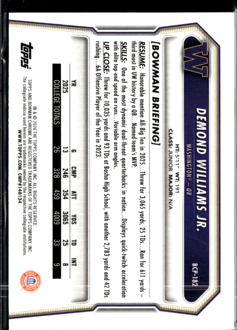 Demond Williams Jr. 2025 Bowman Chrome 1st Mini Diamond Washington Huskies