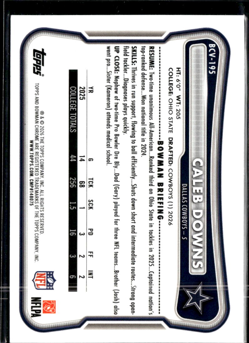 Caleb Downs 2026 Bowman Chrome RC Rookie Speckle Refractor Dallas Cowboys
