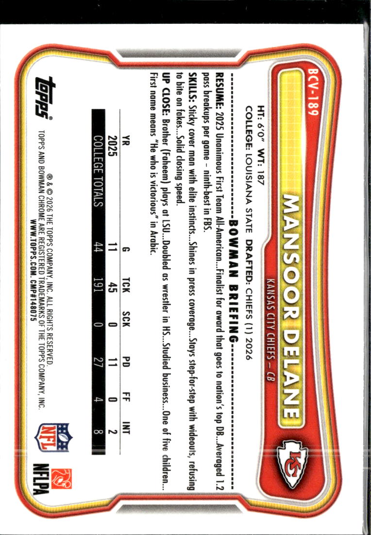 Mansoor Delane 2026 Bowman Chrome RC Speckle Refractor Kansas City Chiefs