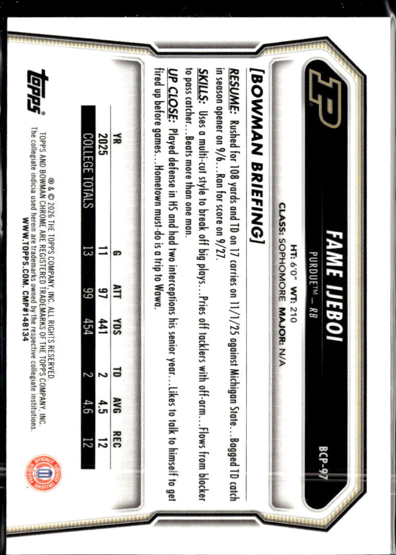 Fame Ijeboi 2026 Bowman Chrome 1st Purple 31/75 Purdue Boilermakers