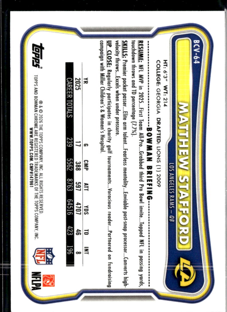 Matthew Stafford 2026 Bowman Chrome Lime Green /399 Los Angeles Rams