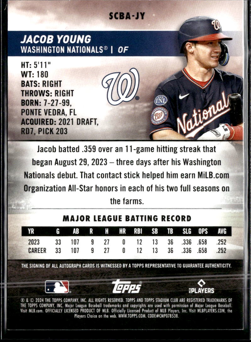 Jacob Young 2024 Stadium Club Auto Autograph RC Washington Nationals