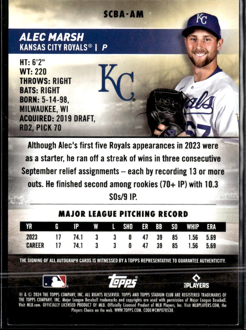 Alec Marsh 2024 Topps Stadium Club Auto Autograph RC Kansas City Royals