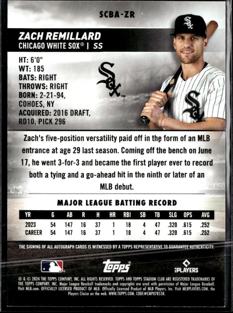 Zach Remillard 2024 Topps Stadium Club Auto Autograph RC Chicago White Sox