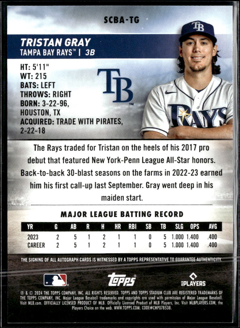 Tristan Gray 2022 Topps Stadium Club Auto Autograph RC Tampa Bay Rays