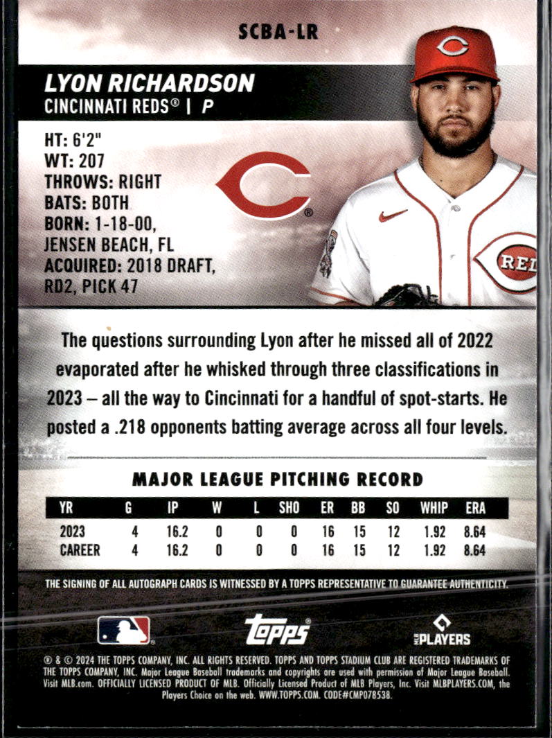 Lyon Richardson 2024 Topps Stadium Club Auto Autograph RC Cincinnati Reds
