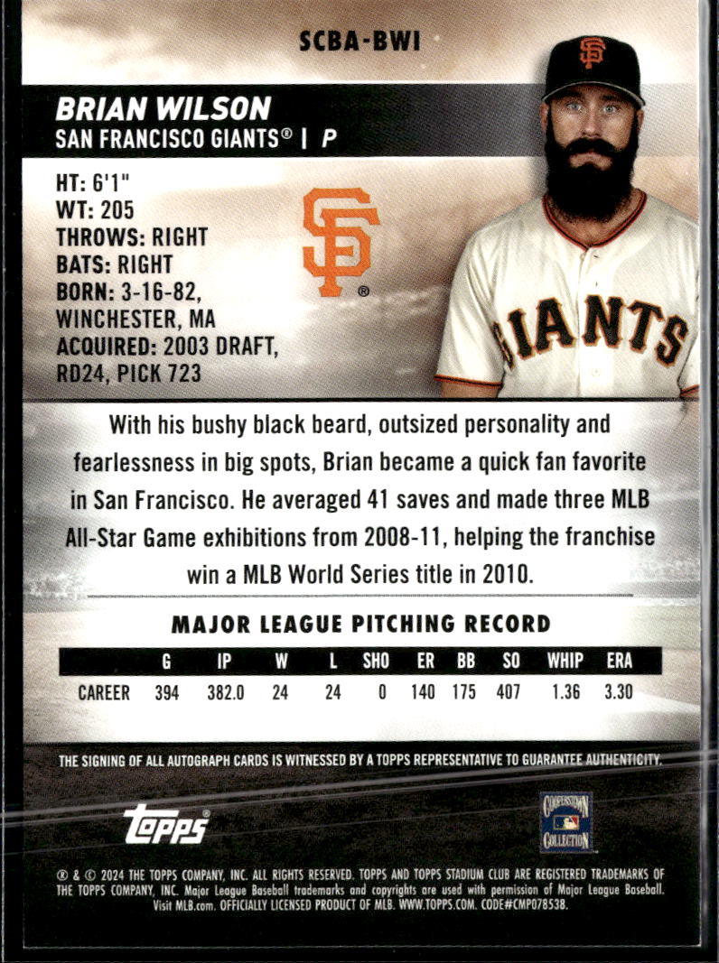 Brian Wilson 2024 Topps Stadium Club Auto Autograph San Francisco Giants