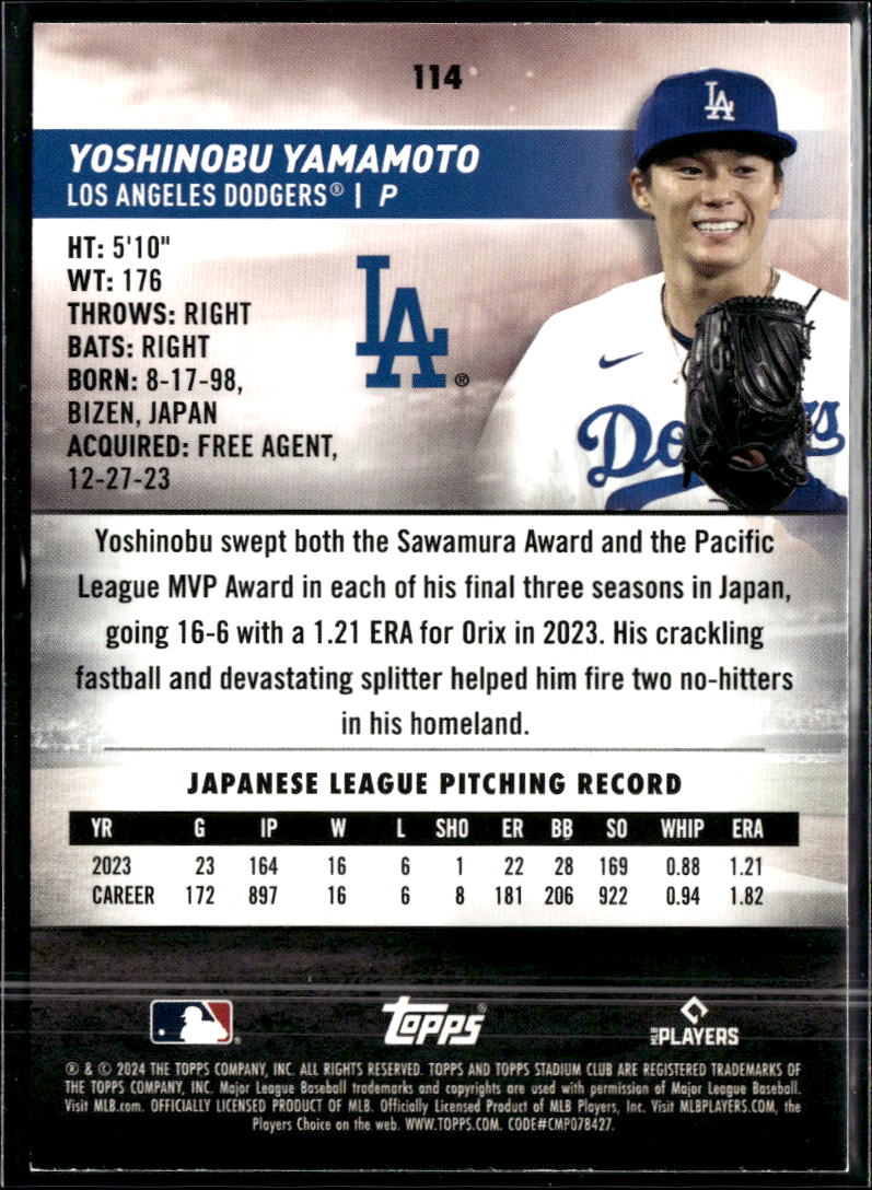 Yoshinobu Yamamoto 2024 Topps Stadium Club Rookie RC Los Angeles Dodgers