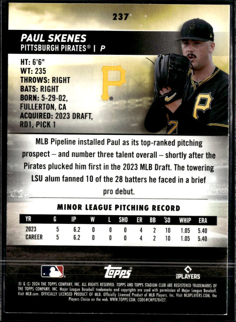 Paul Skenes 2024 Topps Stadium Club Rookie RC Pittsburgh Pirates