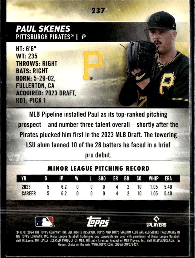 Paul Skenes 2024 Topps Stadium Club Rookie RC Pittsburgh Pirates