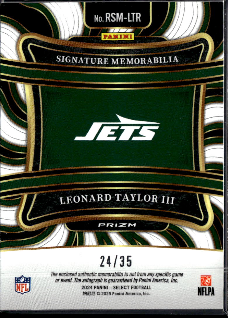 Leonard Taylor III 2024 Select Auto Autograph Patch RC 24/35 New York Jets