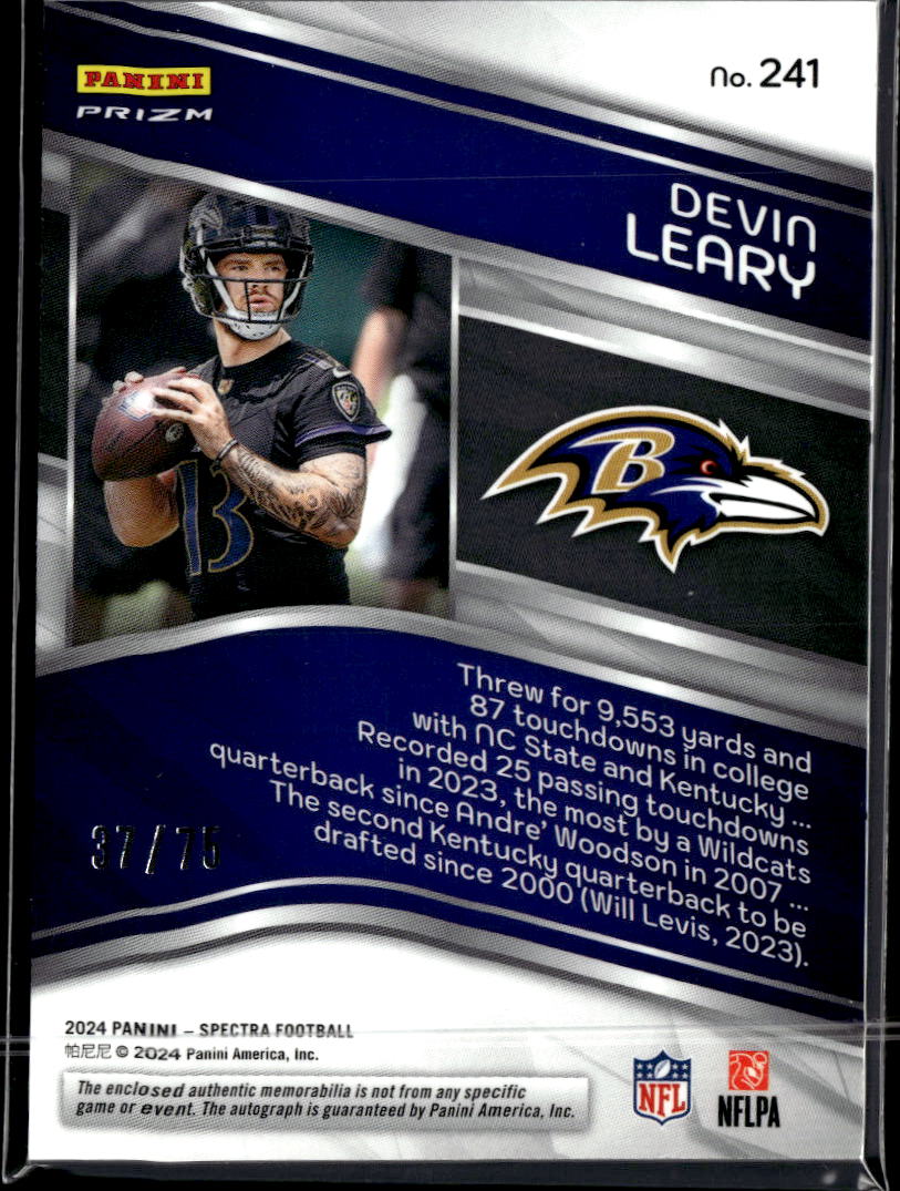 Devin Leary 2024 Spectra Auto Autograph Patch RC /75 Baltimore Ravens