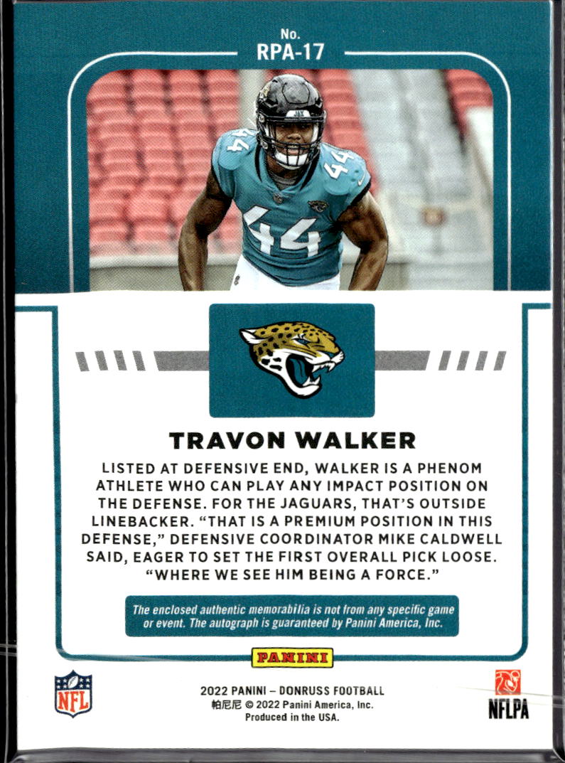Travon Walker 2022 Donruss Auto Autograph Patch RC /49 Jacksonville Jaguars